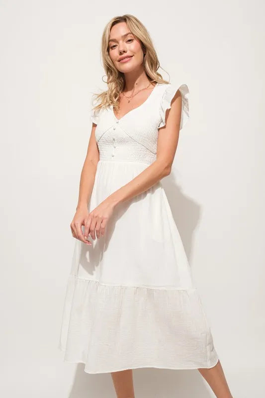 Ruffle Sleeve Front Smocked Tiered Midi Dress – Bella Vita Sol